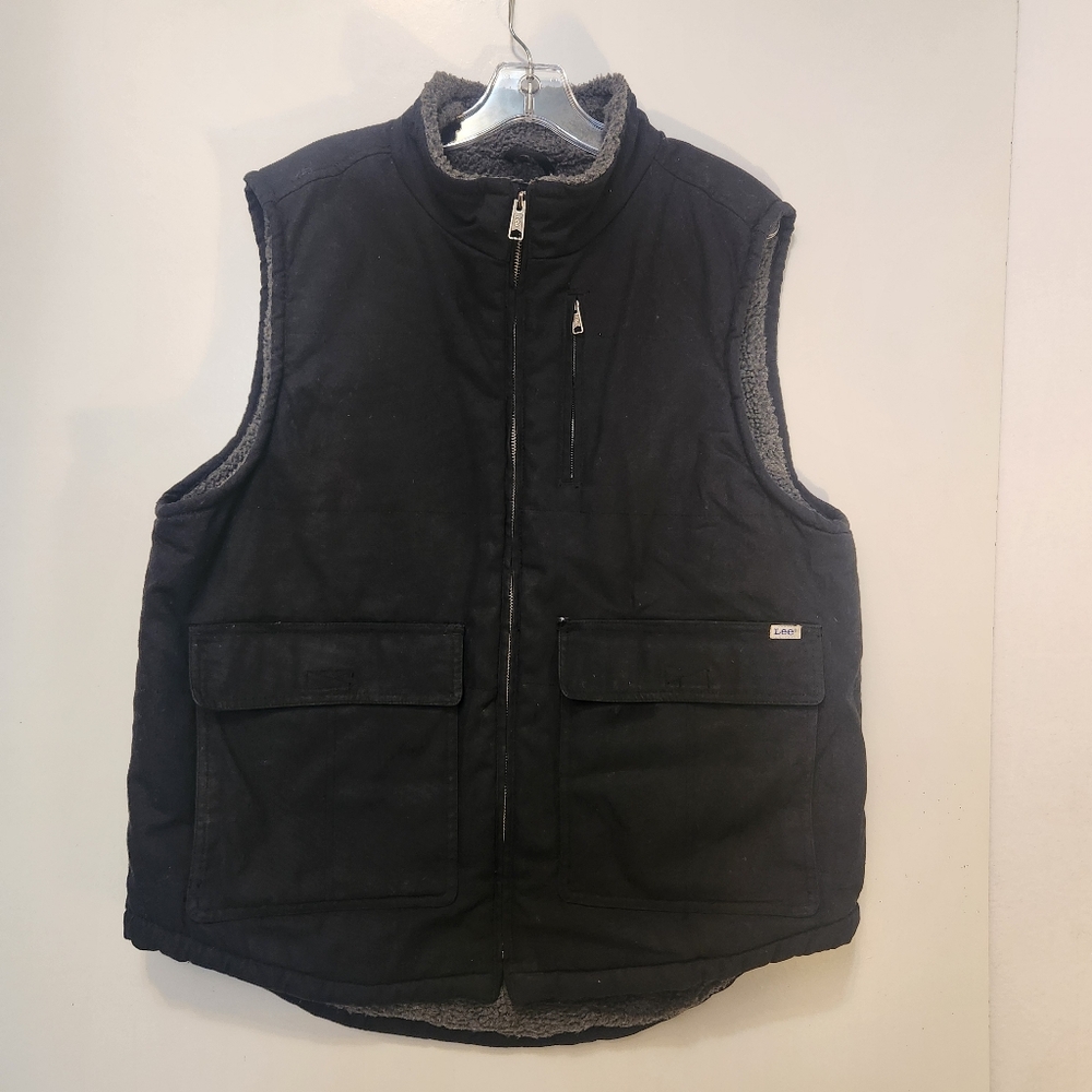 LEE Mens Canvas Sherpa Lined Heavy Work Vest Black Full Zip Pocketed Size Large